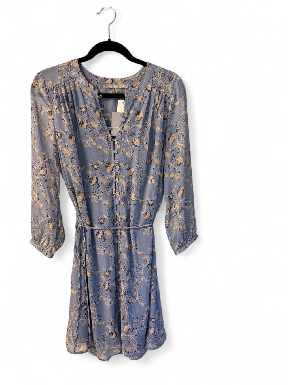 Daniel Rainn Slate Blue Floral Long-Sleeve Tie-Waist Dress